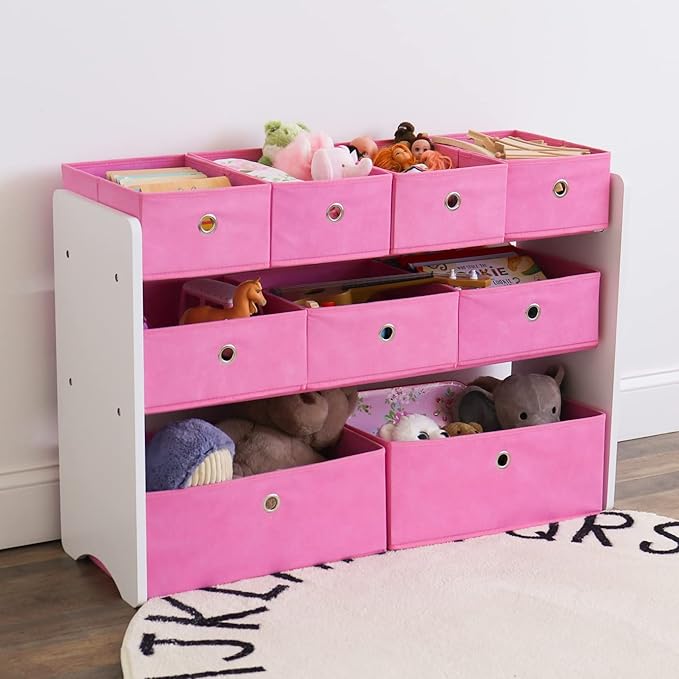Humble Crew Kids Toy Organizer with 9 Collapsible Fabric Storage, White Wood and Pink Bins