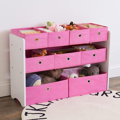 Humble Crew Kids Toy Organizer with 9 Collapsible Fabric Storage, White Wood and Pink Bins