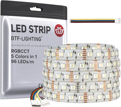 BTF-LIGHTING RGBCCT 5 Colors in 1 LED Tape Lights 5050SMD RGBWW RGB+Dimmable Color Temperature 2700K-6500K 16.4ft 96LED/m 480LED IP65 DC12V White PCB for Home Decoration(No Adapter or Controller)