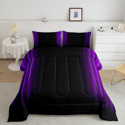 Geometric Abstract Ombre Comforter Set Kids Teens Purple and Black Striped Bedding Bed Set Decor Modern Fashion Comforter Inner Fill Bedroom Collection 3Pcs King Size
