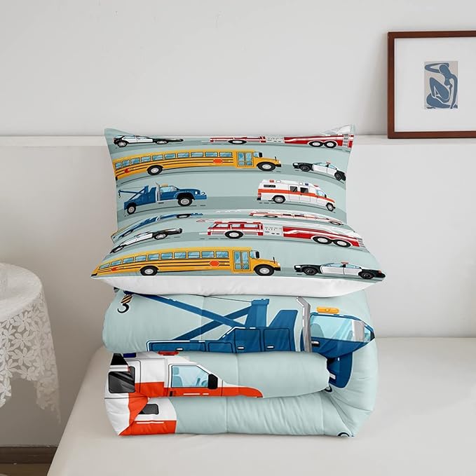Erosebridal Fire Truck Comforter Set,Police Car Down Comforter Queen Size,School Bus Bedding Set for Kids Boys Teens Youth,Equipped Truck Cartoon Vehicle Quilt Duvet Insert Bedroom Dorm Decor 3 Pcs