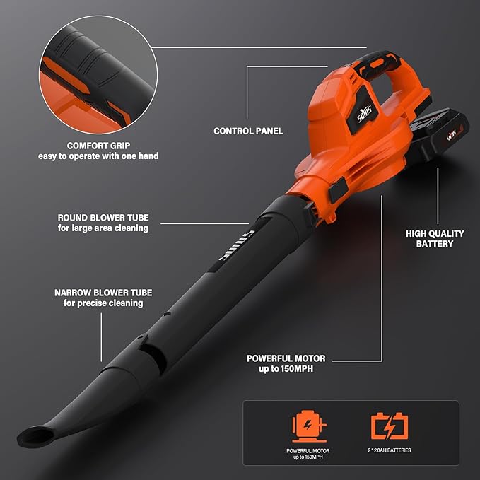 SOYUS Leaf Blower, 20V Leaf Blower Cordless with 2x2.0Ah Battery and Charger, 150 MPH Electric Leaf Blower with Two-Speed Mode, Blowers for Lawn Care, Debris Dust Cleaning(Orange)