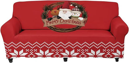 FKELYI Merry Christmas Sofa Cover for Home Decor Santa Claus Snowman Reindeer Printed Stretch Sofa Couch Cover Washable Furniture Protector-S