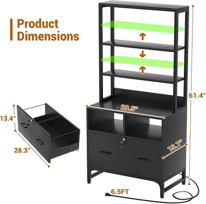 Homieasy File Cabinet with Charging Station, Vertical Filing Cabinet with Lock & Large Drawer, Printer Stand with Storage Shelves, Office Storage Cabinet fits Letter/A4/Legal Size, Black