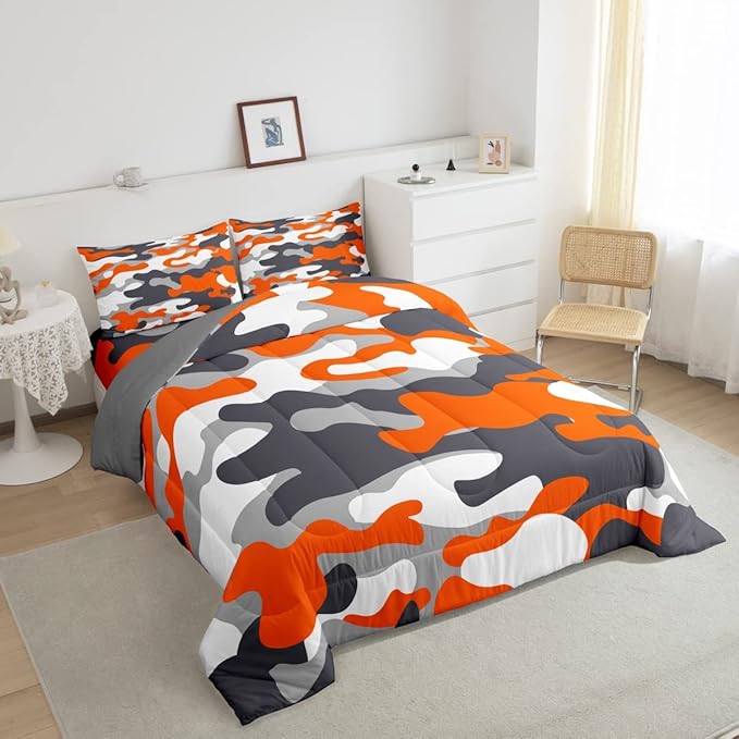 Feelyou Queen Size Camouflage Comforter Set 3Pcs Kids Bedding Set for Boys Girls Teens 1 Comforter & 2 Pillowcases(Queen,Orange)