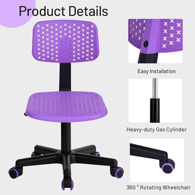 Desk Chair Armless Cute Office Chair, Low Back Rolling Home Office Task Chair Adjustable Swivel Study Chair for Girls Teens Adults Children Kids, Purple
