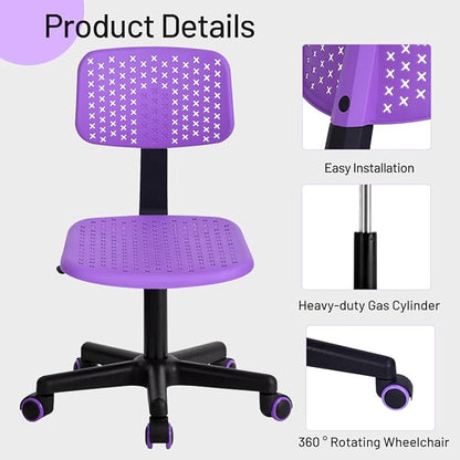 Desk Chair Armless Cute Office Chair, Low Back Rolling Home Office Task Chair Adjustable Swivel Study Chair for Girls Teens Adults Children Kids, Purple