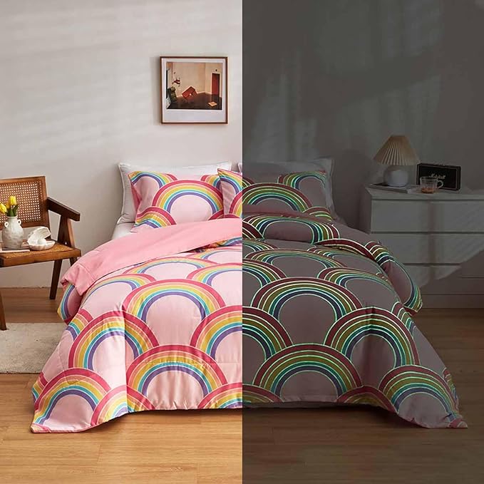 Feelyou Rainbow Glow in The Dark Comforter Set for Girls Kids Full Pink Rainbow Bedding Set Super Soft Colorful Stripe Mermaid Scales Comforter Baby Girl Bedroom Pink Decor Bedding Quilted Duvet