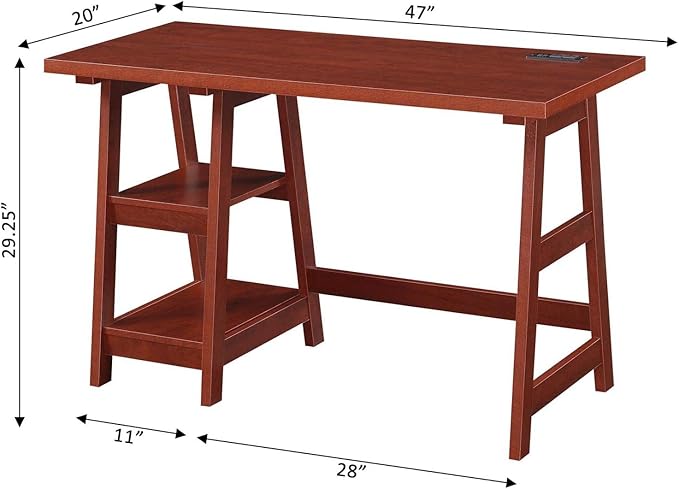 Convenience Concepts Designs2Go Trestle Desk with Charging Station and Shelves, Cherry