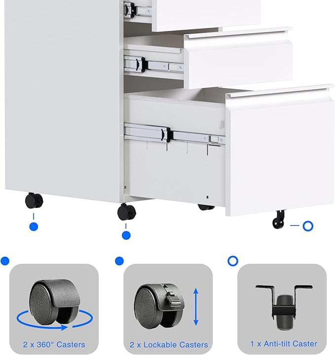 Mobile File Cabinet Under Desk, 3 Drawers Metal File Cabinet with Wheels, Rolling Filing Cabinets with Lock for Home Office Letter/Legal/A4