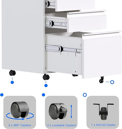 Mobile File Cabinet Under Desk, 3 Drawers Metal File Cabinet with Wheels, Rolling Filing Cabinets with Lock for Home Office Letter/Legal/A4
