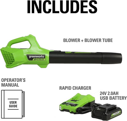 Greenworks 24V (90 MPH / 320 CFM / 125+ Compatible Tools) Cordless Axial Leaf Blower, 2.0Ah Battery and Charger Included