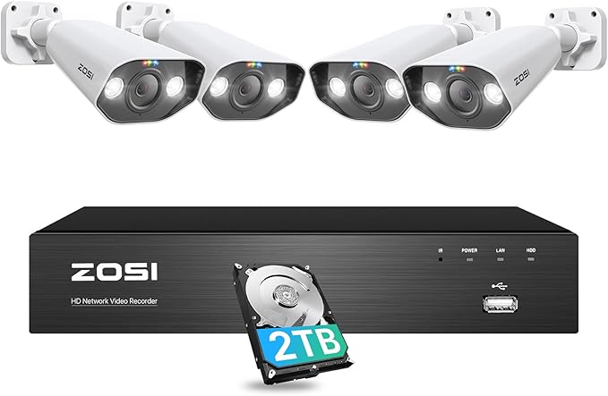 ZOSI 4K Spotlight PoE Security Camera System,8 Port 16CH 8MP NVR with 2TB HDD,4pcs 4K Outdoor Indoor PoE IP Cameras with 2 Way Audio and Siren,Night Vision,Person Vehicle Detection,for 24/7 Recording