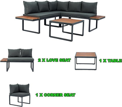 4 Piece Outdoor Patio Furniture Wicker L-Shaped Sectional Sofa Set with Built-in Side Table&Wood TeaTable, 5-Seater Seating Group Couch, for Garden Backyard, Dark Grey Cushion
