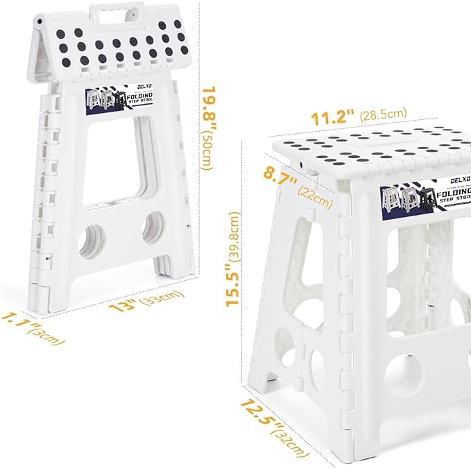 Delxo 16” Folding Step Stool in White,1 Pack Premium Heavy Duty Foldable Foot Stool for Adults,Portable Collapsible Plastic Step Stool,Non Slip Folding Stools for Kitchen Bathroom Bedroom Up to 400LBS