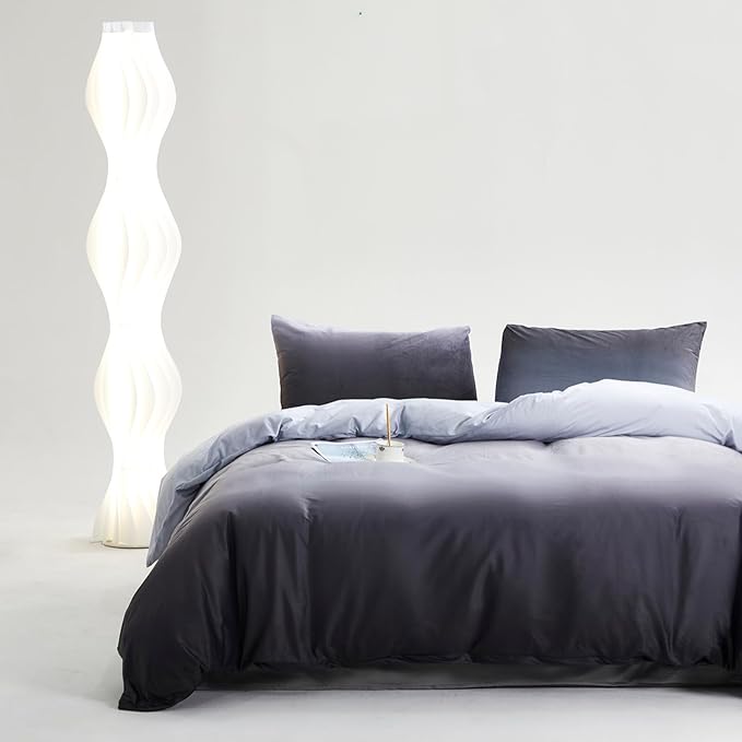 Gray White Gradient Comforter Set Cal King Gray Velvet Bedding Comforter Modern Plain White and Deep Gray Gradient Soft Quilt Farmhouse Flannel Comforter Warm California King Bed Comforter