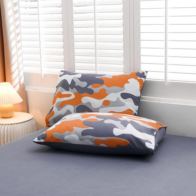 Meeting Story Kids Camo Bedding Set, Army Camouflage Bedding Twin Comforter Set for Boys Girls Teens Bedroom Decoration (Orange, Twin 5Pcs)