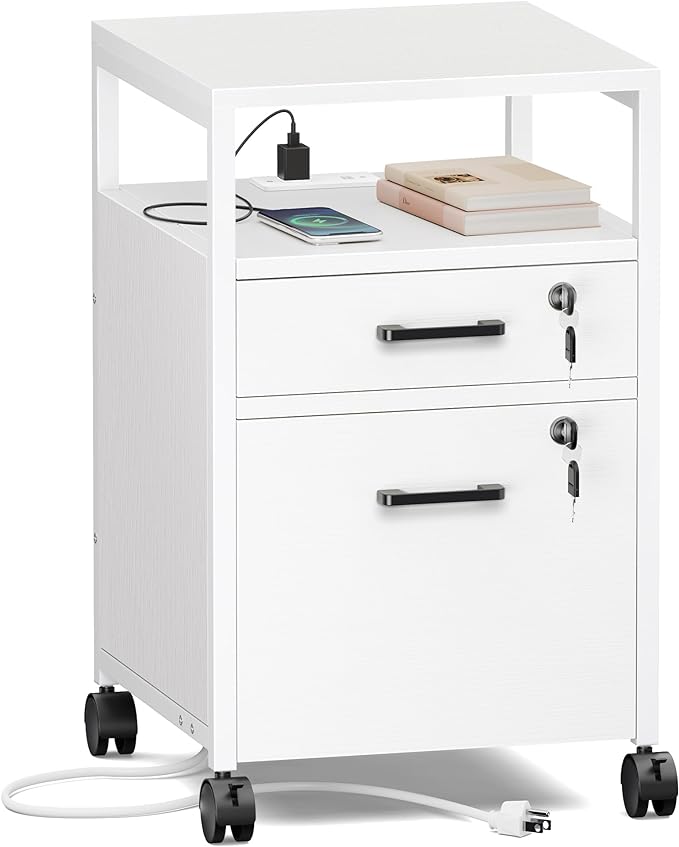 SUPERJARE File Cabinet with Lock & Charging Station, 2 Drawers Rolling Filing Cabinet, Office File Cabinet with Wheels & Open Shelf, for Home Office, A4/Letter Size Files - White