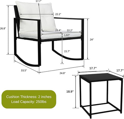 Outvita 3-Piece Rocking Bistro Set, Outdoor Wicker Patio Furniture Set with Glass Coffee Table Perfect for Outdoor Porch, Balcony and Garden (White)