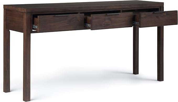 SIMPLIHOME Hollander SOLID WOOD 60 inch Wide Wide Console Sofa Entryway Table in Warm Walnut Brown with Storage, 3 Drawers , for the Living Room, Entryway and Bedroom