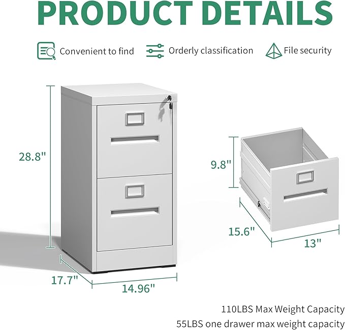 2 Drawer File Cabinet,Metal Filing Cabinets with Lock,White Vertical File Cabinet for Home Office,Heavy Duty Metal Storage Cabinet for A4/Letter/Legal Size File,Assembly Required