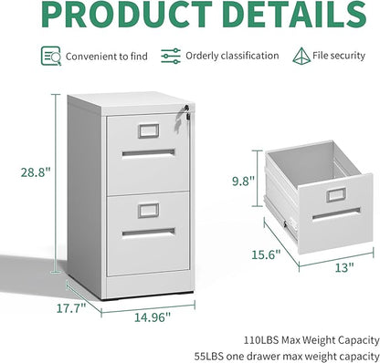 2 Drawer File Cabinet,Metal Filing Cabinets with Lock,White Vertical File Cabinet for Home Office,Heavy Duty Metal Storage Cabinet for A4/Letter/Legal Size File,Assembly Required