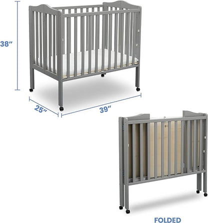 Delta Children Folding Portable Mini Baby Crib with 1.5-inch Mattress - Greenguard Gold Certified, Grey