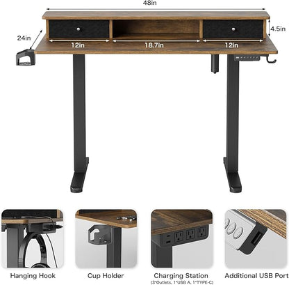 Electric Adjustable Standing Desk, Sit Stand Desk with Power Outlets & LED Lights 48”Adjustable Height Standing Desk with Drawers Adjustable Table Desk Riser for Home Office