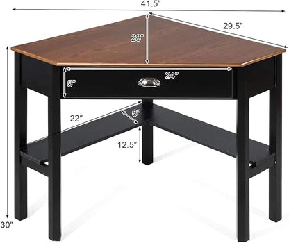 Nightcore Small, Wood Computer Desk, Compact Writing w/Drawer & Storage Shelves, Space Saving Study Workstation, Laptop PC Corner Table, Coffee