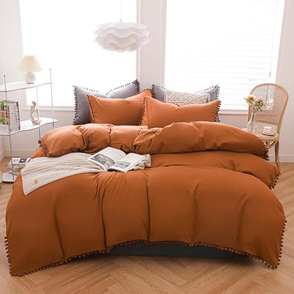 Pumpkin Comforter Set King Burnt Orange Pom Comforter 3 Pieces Pumpkin Color Boho Ball Pom Fringe King Comforter Bedding Set Women Solid Pumpkin King Bed Comforter Set All Season Gift