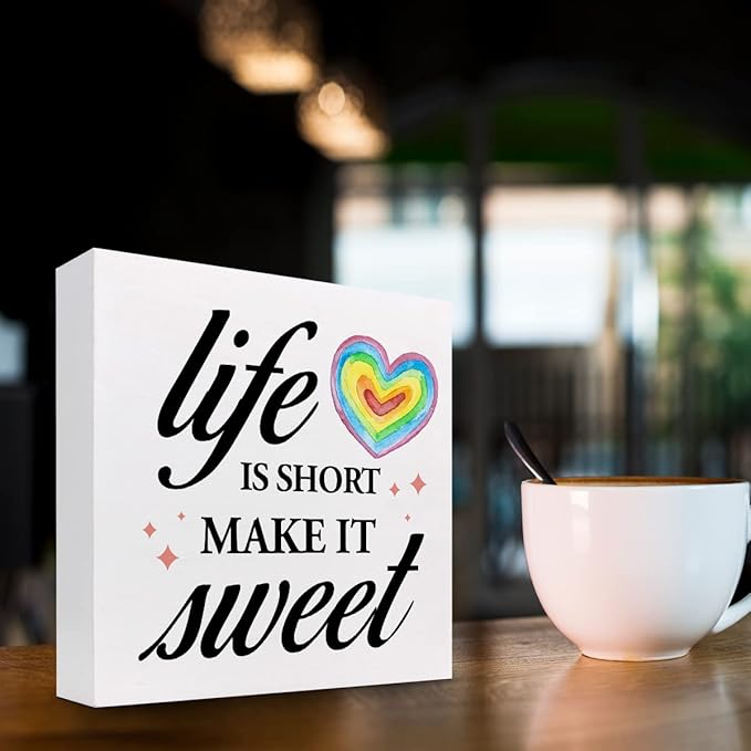 Life Is Short Make It Sweet Sign,Inspirational Quote Wood Box Sign,Motivational Signs Wooden Block Rainbow Decorations for Home Office Shelf Decor