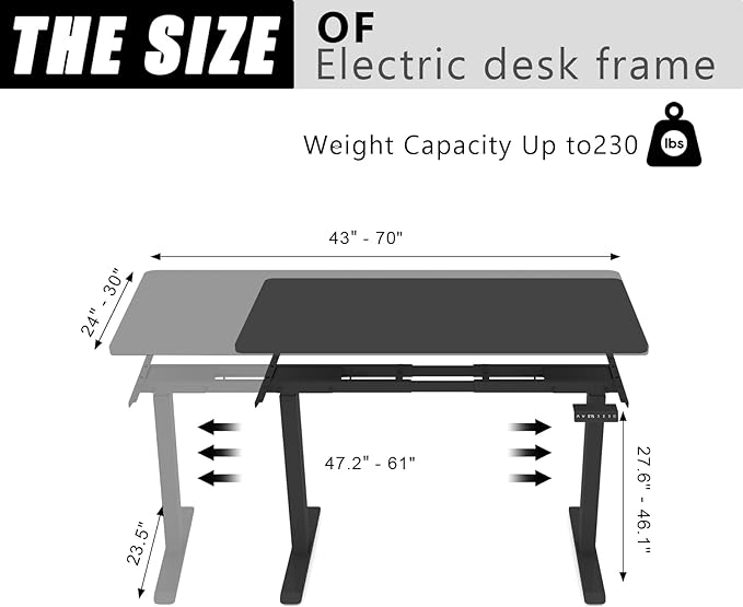 Standing Desk Frame with Dual Motor- Adjustable Desk Legs Height of 27.6" to 46.1", Electric Desk Base for Desktop 43" to 70", Sit Stand Desk Leg with Memory Controller(Black Frame only)