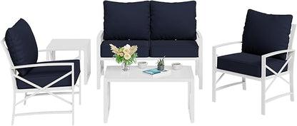 Shintenchi 5 Piece Outdoor Furniture Sets, White Metal Sofa Conversation Sets with Loveseat, Two Single Chairs and Two Coffee Tables for Backyard, Patio, Balcony, Poolside (Dark Blue)