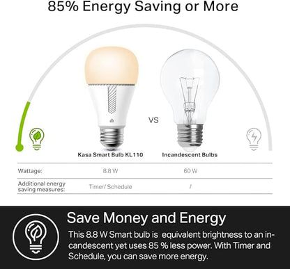 Kasa Smart Light Bulb KL110, LED Wi-Fi smart bulb works with Alexa and Google Home, A19 Dimmable, 2.4Ghz, No Hub Required, 800LM Soft White (2700K), 9W (60W Equivalent)