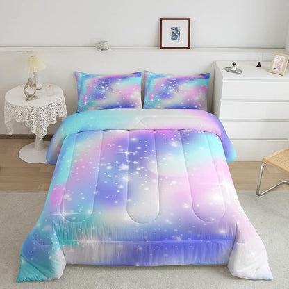 Erosebridal Ombre Comforter Rainbow Comforter Set Twin Tie Dye Galaxy Duvet Set Nebula Bedding Starry Sky Quilt Set Pastel Stars Glitter Bedding Set Purple Blue Bedroom Decorative Down Alternative