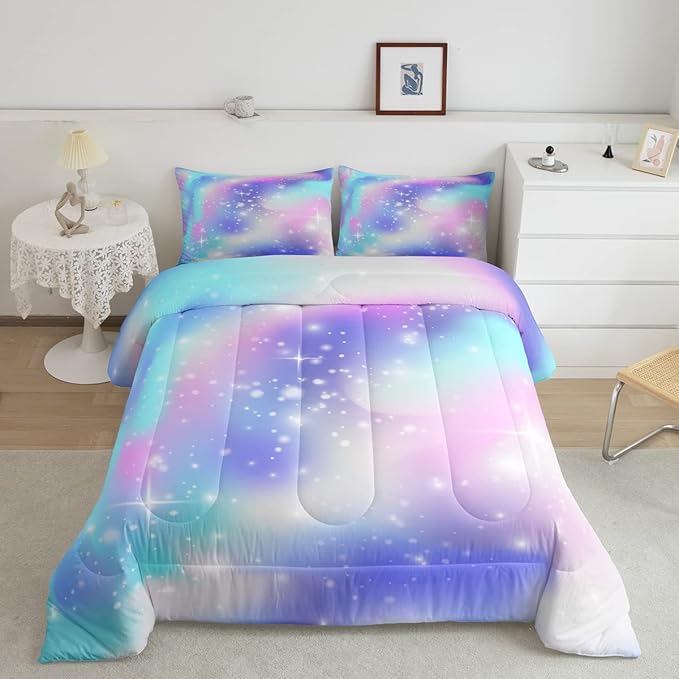 Erosebridal Ombre Comforter Rainbow Comforter Set Full Tie Dye Galaxy Duvet Set Nebula Bedding Starry Sky Quilt Set Pastel Stars Glitter Bedding Set Purple Blue Bedroom Decorative Down Comforter