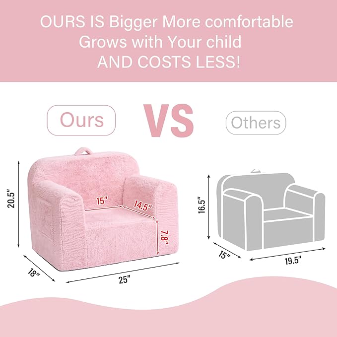 Tiita Toddler Chair Couch, Comfy Fold Out Kids Sofa, Lightweight Children Couch with Carrying Handle & Side Pockets, Kids Foam Armrest Read Sofa for Girl or Boy, Pink