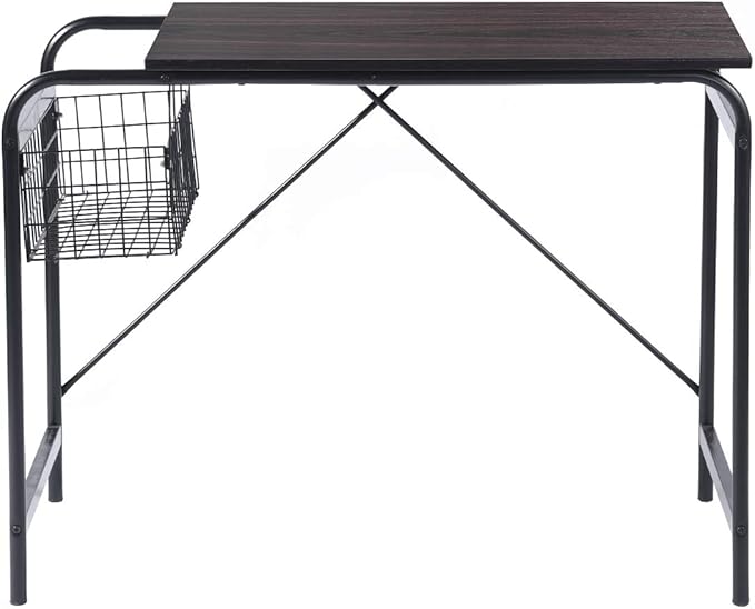 FurnitureR Home Office Computer Basket 31.5“ Wooden Laptop Table with Storage Workstation Modern Study Writing Desk, Walnut Black