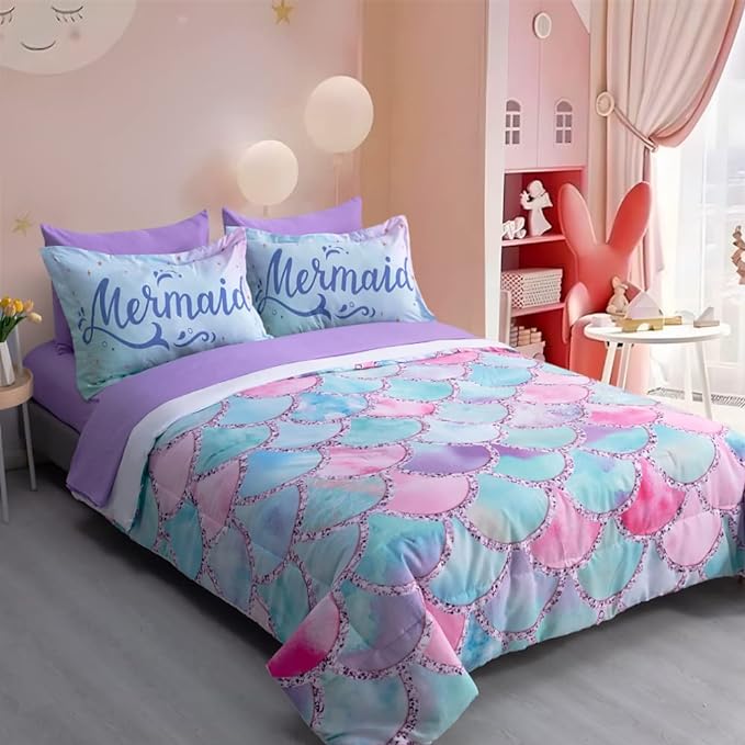 Wajade Kid Mermaid Scale Comforter Bedding Set Twin Size, Colorful Rainbow 3D Fish Scale 7 Pieces Soft Bedding Sets with Comforter, Sheet, Pillowcase and Sham for Girls