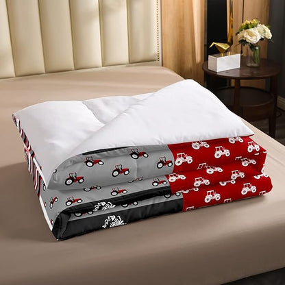 Erosebridal Red Tractor Bedding Set for Boys Full,Construction Tractor Comforter Set Kids Teens Equipment Trucks Down Comforter Black White Construction Vehicle Quilt Set Bedroom Decor