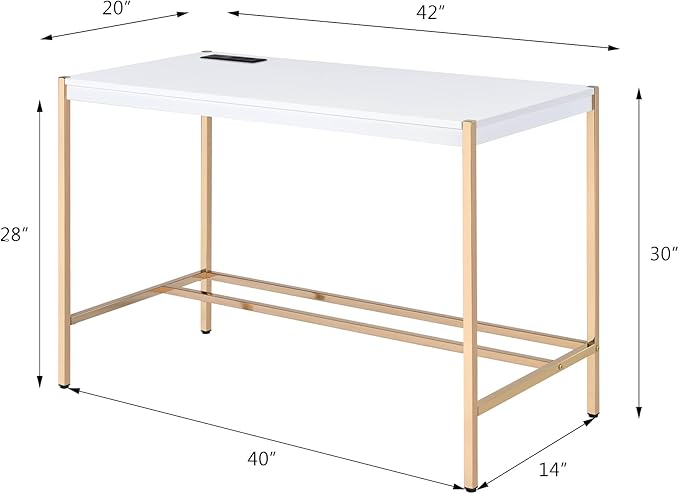 Acme Midriaks Wooden Top Writing Desk with USB Port in White and Gold
