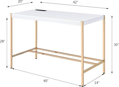 Acme Midriaks Wooden Top Writing Desk with USB Port in White and Gold