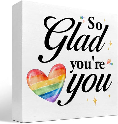 So Glad You're You Rainbow Heart Wood Box Sign Decor Desk Sign,Inspirational Affirmation Wooden Box Block Sign for Home Office Shelf Table Decor Decorations