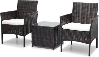 MoNiBloom 3 Pieces Patio Furniture Set, Outdoor Conversation PE Rattan Furniture Front Porch Set with Washable Cushion and Tempered Glass Tabletop for Garden Poolside Balcony, Capacity 250 lbs, Brown