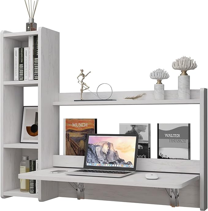 Pmnianhua Floating Desk,41'' Wall Mounted Desk Fold Down Laptop Desk Folding Space Saving Table Workstation with Storage Shelves for Bedroom Study Room Small Space (Off White-Left)