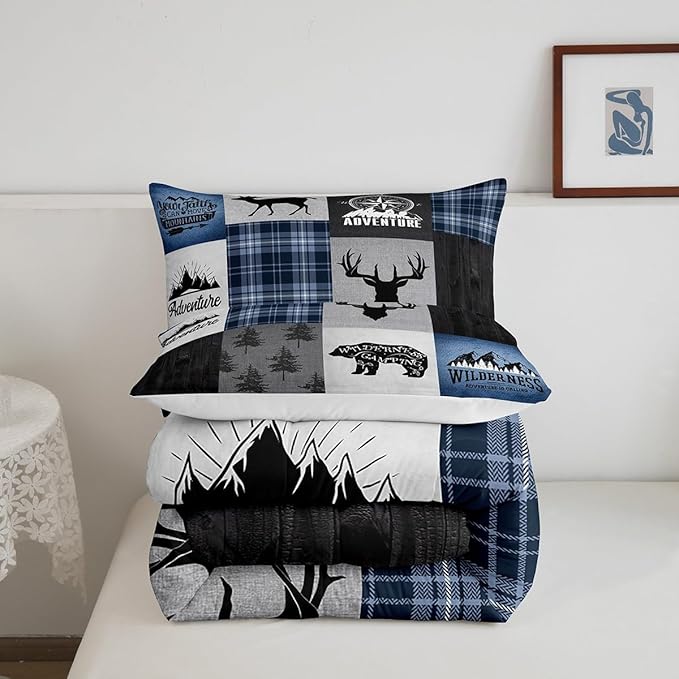 Deer Antler Bear Kids Comforter Set King Size,Hunting Adventure Bedding Set for Boys Girls Adults Room Decor,Geometric Plaids Patchwork Down Comforter,Rustic Farmhouse Duvet Insert,2 Pillowcases