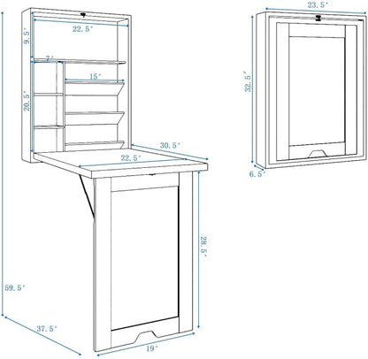 LUARANE Wall Mounted Table, Foldable Multiple-purpose Desk, Fold Out Wood Convertible Writing Desk Bookshelf Cabinet, Large Storage Space, Ideal for Home Office Study (White)