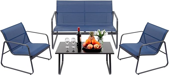 4 Pieces Patio Furniture Set Outdoor Patio Conversation Sets Poolside Lawn Chairs with Glass Coffee Table Porch Furniture for Courtyard, Garden and Balcony (Blue)
