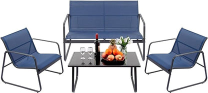 4 Piece Patio Outdoor Furniture Set with Strong Powder Coated Metal Frame One Love Seat, Two Single Chairs and one Table for Porch, Balcony, Backyad, Patio Conversation Set (Navy Blue)