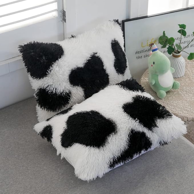 Faux Fur Kids Girls Cow Print Comforter Sets Queen - 3PC Bed Set Warm Comfortable Soft Plush Flannel Velvet Fluffy Fuzzy Bedding（Comforter x 1 Pillowcases x 2）